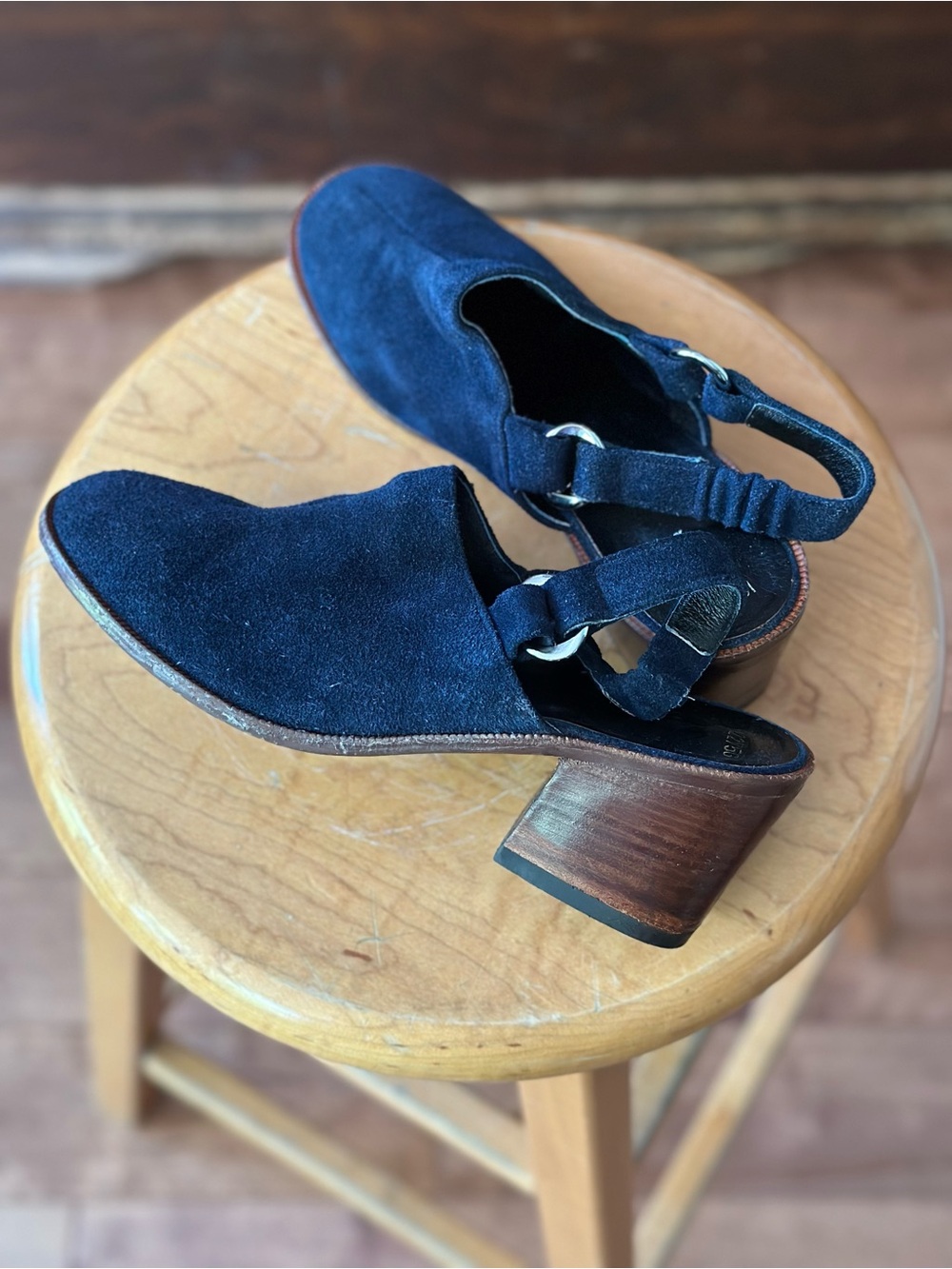 Vintage Navy Suede Slingback Mules Block Heel Leather Shoes